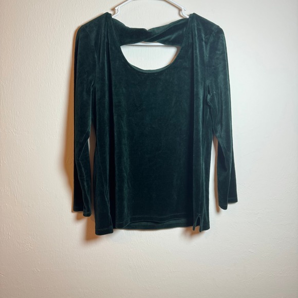 T by Talbots Womens Medium Petite Velour Crossed Back Long Sleeve Top Green - Picture 4 of 4